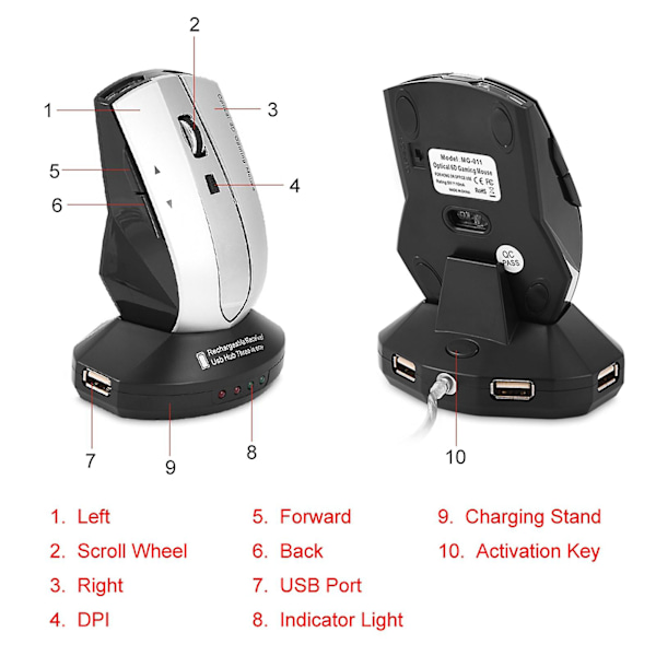 Professional 2400MHz Wireless Optical Gaming Mouse with 3-Port Hub & Charging Dock