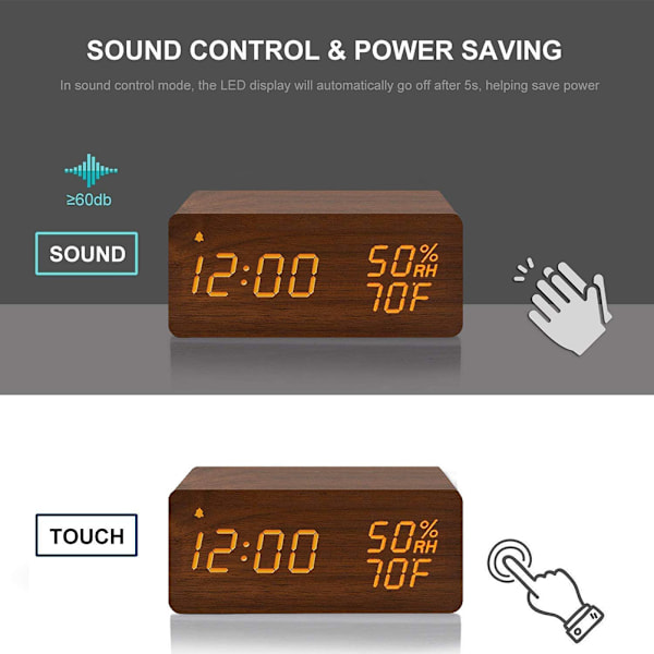 Træ Digital Vækkeur med Trådløs Opladning LED Display Lydstyring Snooze Dual til Soveværelse Sengebord Kontor