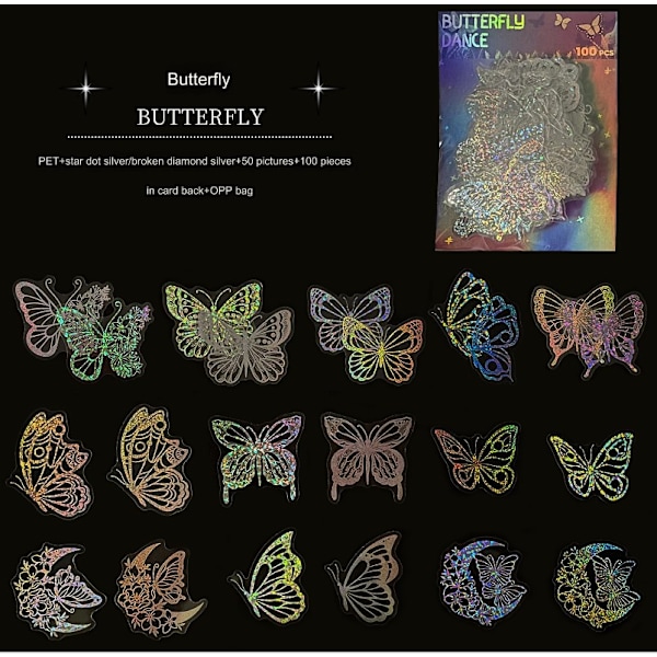 100 st Holografiska Glitter Fjärilsdekaler, Vintage Fjäril Vattentäta Transparenta Dekorativa Dekaler, PET Självhäftande Etikett