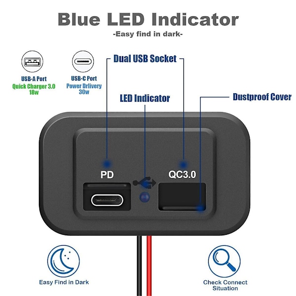 2 kpl 12v/24v Caravan USB-pistorasia, Dual Pd3.0 Type-c (usb C) & Pikalataus Qc3.0 Usb-a Portti Paneliin Asennettava C