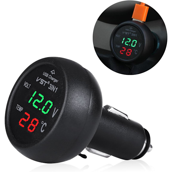 12-24 V biloplader med USB-port/voltmeter/termometer til biler (grøn + rød)