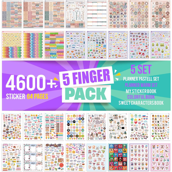 Tarra-arkki, 1600 tarraa, tarra-albumi, leikekirjan tarvikkeet, Bullet Journal, tarrat Fem fingerpack