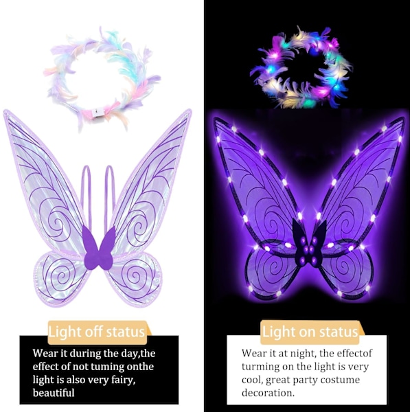 Glittrande älvvingar för vuxna, LED-diadem och trollstavar för karnevaler och temafester, trollslända lila, trollslända lila Dragonfly purple Parent