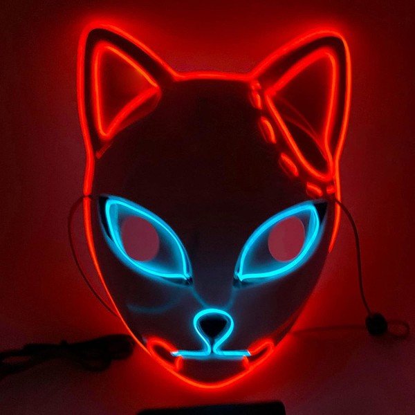 SINSEN Demon Slayer Fox Mask LED Cosplay Cat Mask Japansk anime Halloween kostym rekvisita för barn Vuxna Red