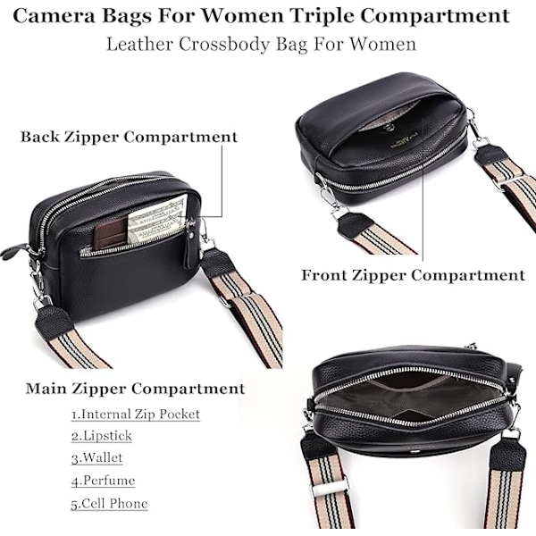Crossbody taske til kvinder, lille ægte læder sort
