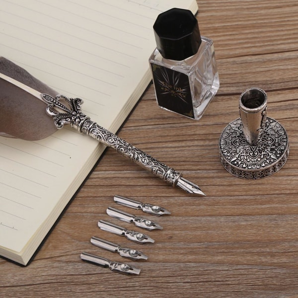 Fjäderfjäderpenna, handgjord antik fjäderpenna, quill dip kalligrafi pennset med h