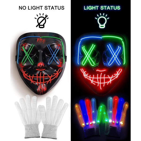 Skrämmande Halloween-mask Skeletthandskar Kostymer för män, 3 lägen Purge Mask Light Up 6 lägen LED Glow Handskar Red-blue-green