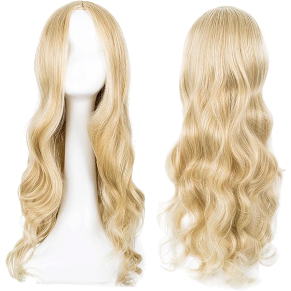 Lång blond vågig peruk för damer, 68 cm lång lockig peruk, syntetisk maskeraddräktperuk för kvinnor (blond)