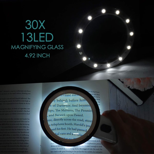 Forstørrelsesglas med lys, 30x håndholdt stort forstørrelsesglas