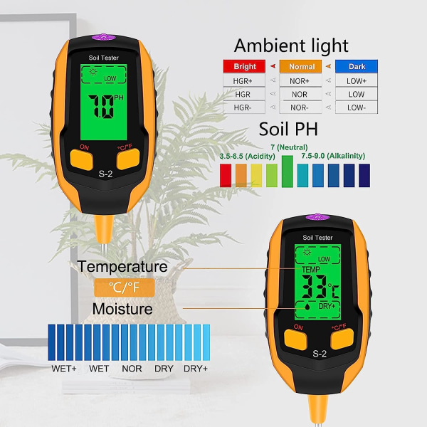 5-i-1 jordtestare fukt, ljus/PH/temperatur/miljöfuktighet, digital växttermometer test S2