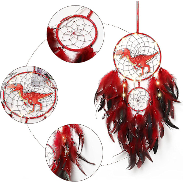 Drömfångare med dinosaurie för pojkar och flickor, Drömfångare ljus väggdekoration fjäder vägghängande dino drömfångare barnpresent (LGL) Röd Röd Red With light
