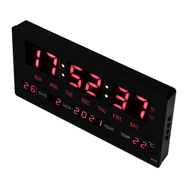 LED Digital Væg Ur med Stor Display Nøjagtig Desktop Hængende Elektronisk Kalender Ur med Indendørs Temp 100‑240VAU Stik