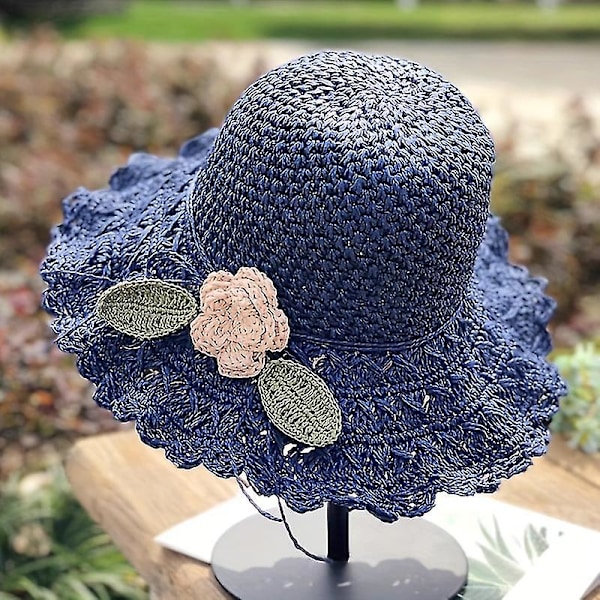 Elegant Hæklet Stråhat med Flæsedetalje Dame Sommer Strand Stråhat Navy blue m