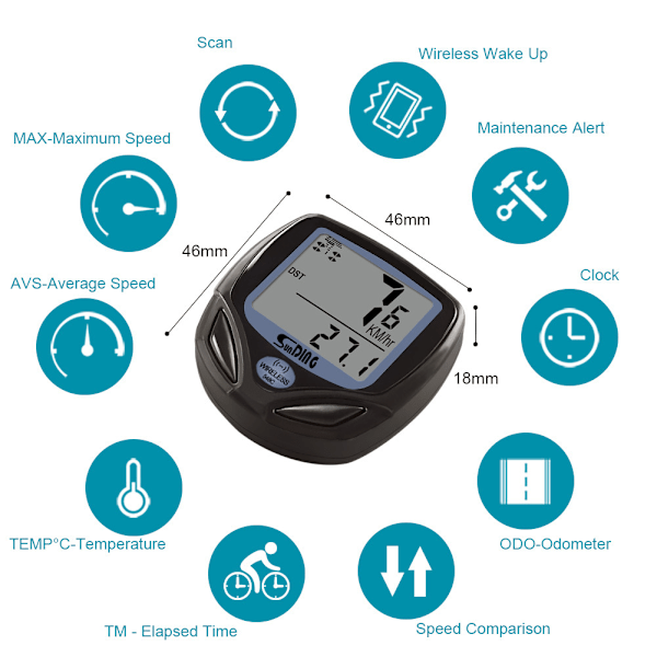 Multifunktionelt trådløst cykel speedometer vandtæt cykelcomputer med LCD