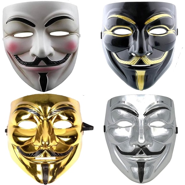 GrassVillage Anonym Halloween V for Vendetta Maske Sæt - FEST, VERDENS BOGUGE/HALLOWEEN KIT 4 Pack- gold/silver/black/white