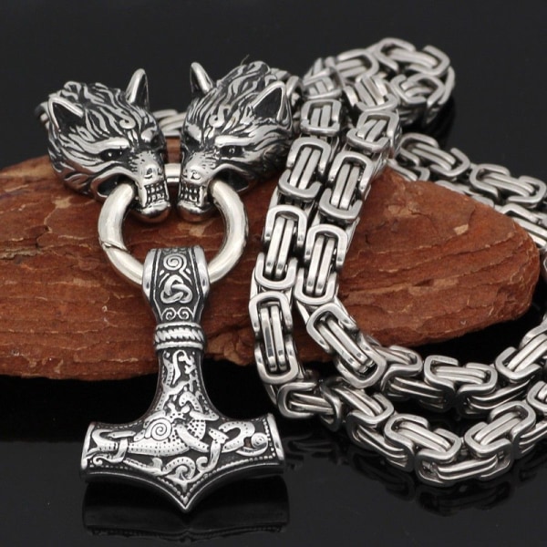 Bysantinskt kedjehängande Thors hammare i rostfritt stål Wolf Viking smycken 70cm