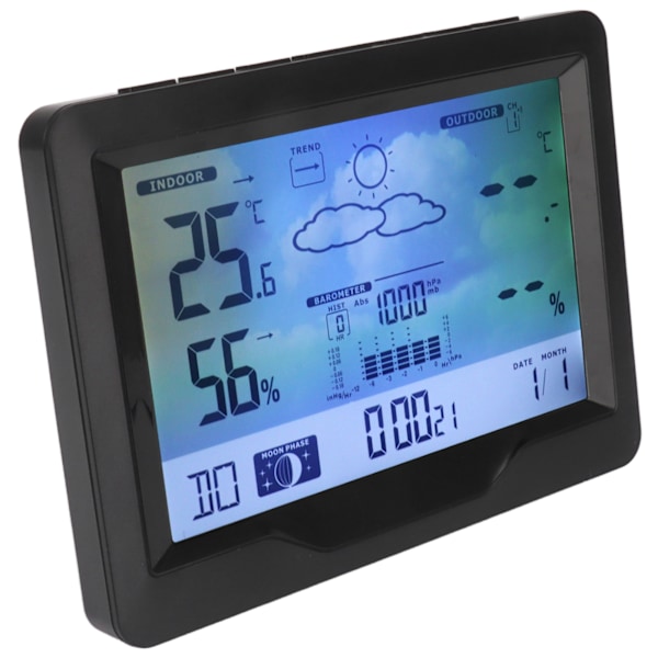 Vejrur med temperatur- og fugtighedsmåler, vejrvisning, vækkeur med vejrudsigt til hjemmet