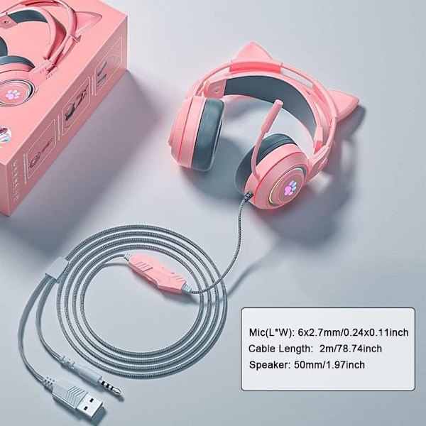 Langalliset peliheadsetit, söpöt kissankorvat RGB-taustavalolla varustetut over-ear-kuulokkeet, joissa on melua vaimentava mikrofoni ja surround-ääni tietokoneelle Pink