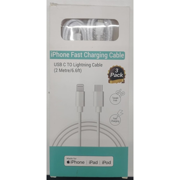 iPhone Hurtig Opladningskabel 3-Pak 2M USB C til Lightning Kabel [MFi Certificeret] Nyt iPhone Kabel Kompatibelt med iPhone14 13 12 11 Pro Max X XS