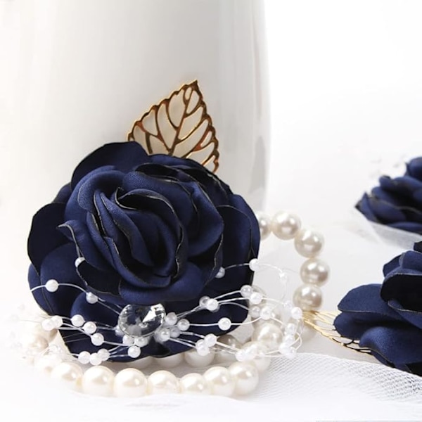 Armbandsros Brudbukett Bröllopsblommor Bal Corsage och Boutonniere Set för Bröllopsfest Bal Brudgum Brud (Marinblå)