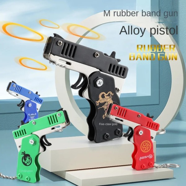 Pistolhänge Nyckelring Metall Mini Burst Fällbar Gummiband Pistol Legering Modell Utomhus Sportleksak Pistol Mini Gadgets för Pojkar Barn