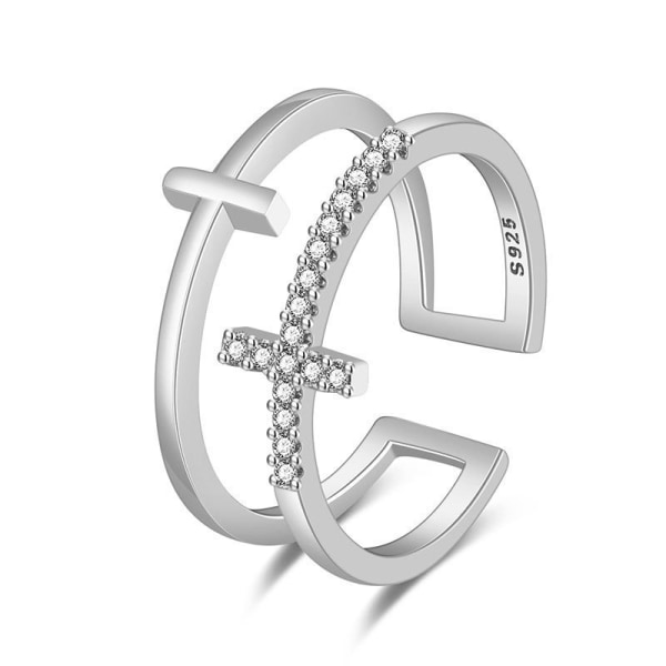 Justerbar guldpläterad Cubic Zirconia Double Cross Ring, Silver