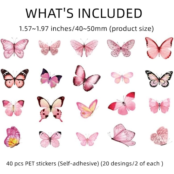 200 kpl/5 pakka Scrapbooking Butterfly Aesthetic Journaling koristeelliset tarvikkeet pinkki