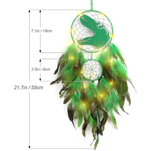 Drömfångare med dinosaurie för pojkar och flickor, Drömfångare ljus väggdekoration fjäder vägghängande dino drömfångare barnpresent (LGL) Grön Green With light