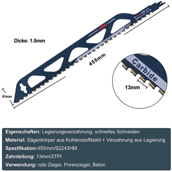 Tungsten Carbide Stålsavklinge til Metal, Træ, til Porebeton, Mursten, Beton, Cementplade, Længde (455mm (S2243HM))