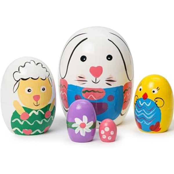 5 st Äggformade Ryska Babushka Dockor, Söt Kanin, Får, Kyckling, Blomma, Handgjorda Trä Matryoshka Staplingsdockor för Barn{HH}