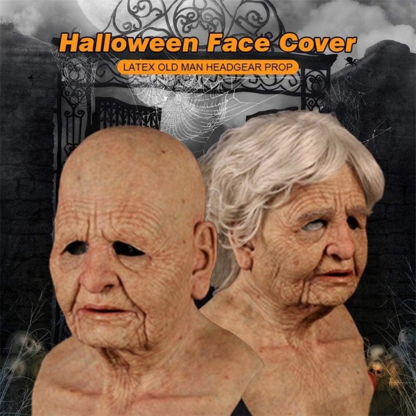 Halloween Gubbmask, Den äldre Gubben Huvudbonader Realistisk Silikonmaskerad Helhuvud Knepig rekvisita Old Woman