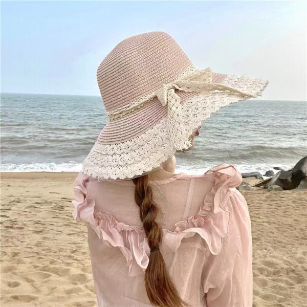 Stråhatt med rosett strandhatt för kvinnor