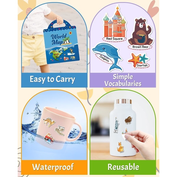 Återanvändbara klistermärken böcker för barn, världskarta tema rolig aktivitet småbarn klistermärken bok A-11