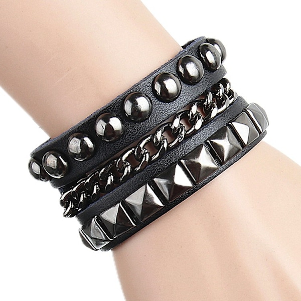 Punk Armbånd til Mænd og Kvinder - Gotisk Sort Læderarmbånd med Nitter og Nittemanchetter, Justerbart Multilayer Armbånd
