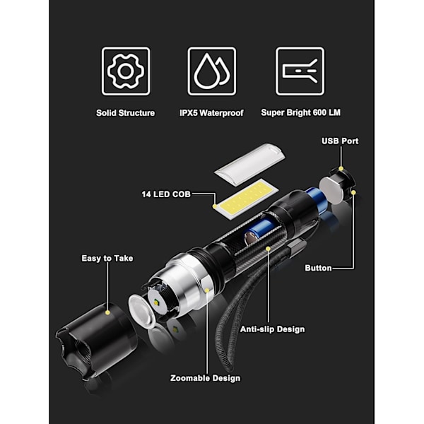 LED-ficklampa, ficklampa LED laddningsbar 600 LM, 3 lägen USB-laddning mini ficklampa vattentät IPX5