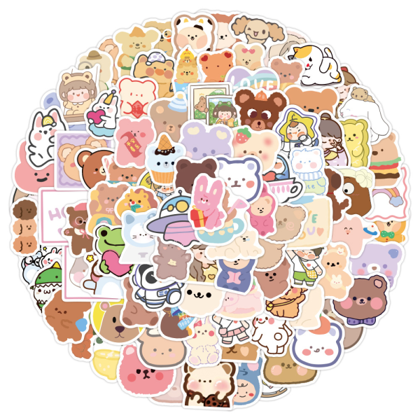 100 klistermärken med söta björnar och flickiga tecknade figurer