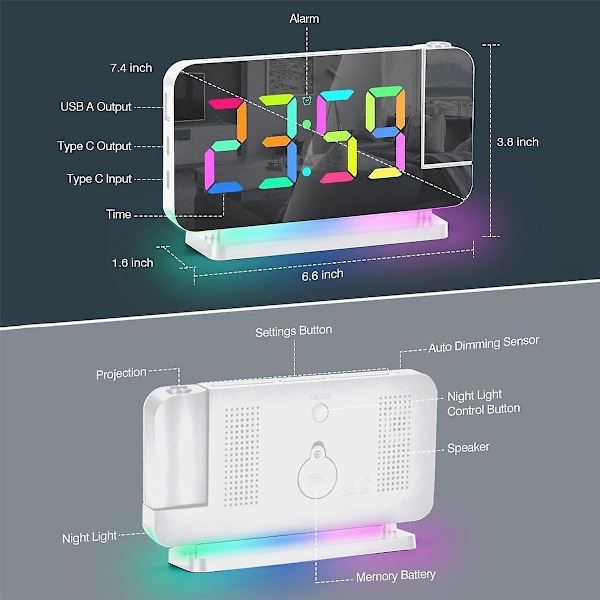 Projektions Vækkeur, 7,4 tommer LED Spejl med Digitale Ure, +180° Roterbar Projektor, Natlys Hvid