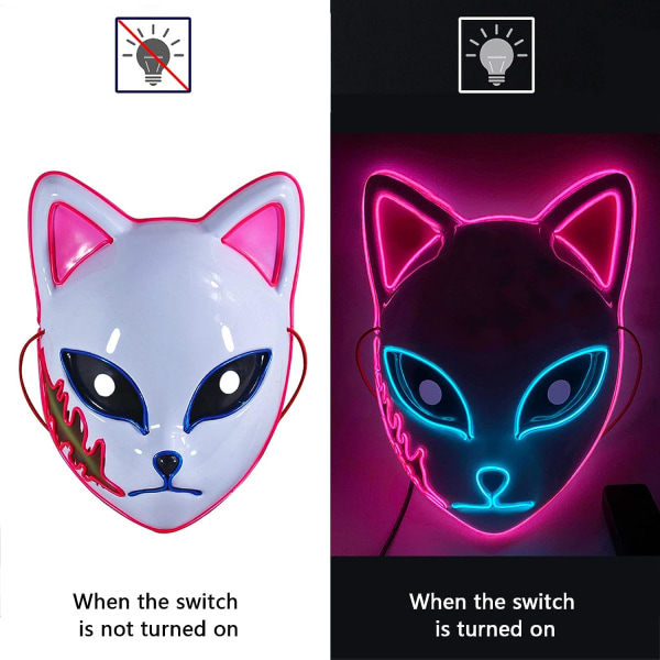 SINSEN Demon Slayer Fox Mask LED Cosplay Kattmask Japansk anime Halloween kostym rekvisita för barn Vuxna