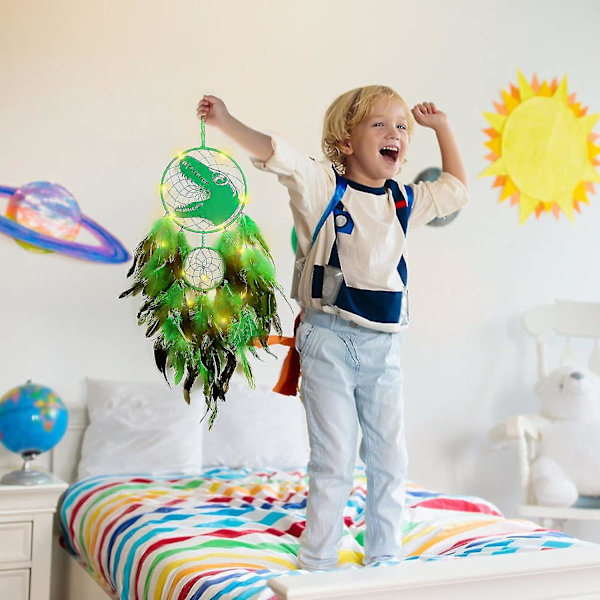 Drömfångare med dinosaurie för pojkar och flickor, Drömfångare ljus väggdekoration fjäder vägghängande dino drömfångare barnpresent (LGL) Grön Green With light