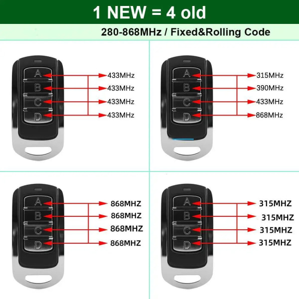 280MHz-868Mhz Kaukosäädin 4 in 1 Monitaajuinen Kopio Kaukosäädin Sähköinen Autotalli Ohjain 433 315mhz Kiinteä Vierivä Koodi 433MHZ Fix Code