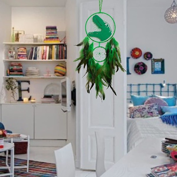 Drömfångare med dinosaurie för pojkar och flickor, Drömfångare ljus väggdekoration fjäder vägghängande dino drömfångare barnpresent (LGL) Grön Green No light