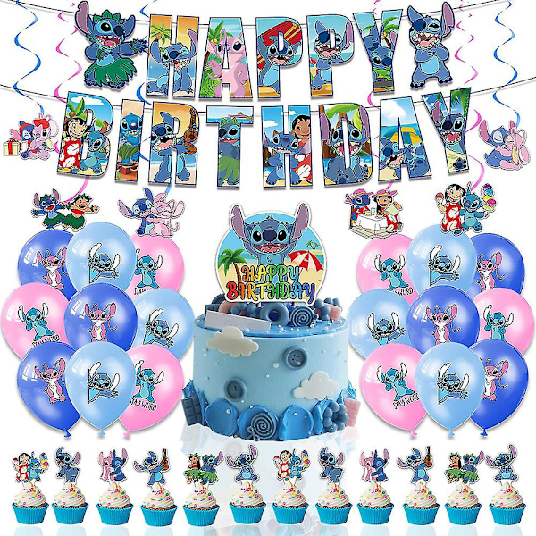 Stitch Tema Fødselsdagsfest Tilbehør Dekoration Balloner Banner Trækpose Kage Toppers Sæt Kit
