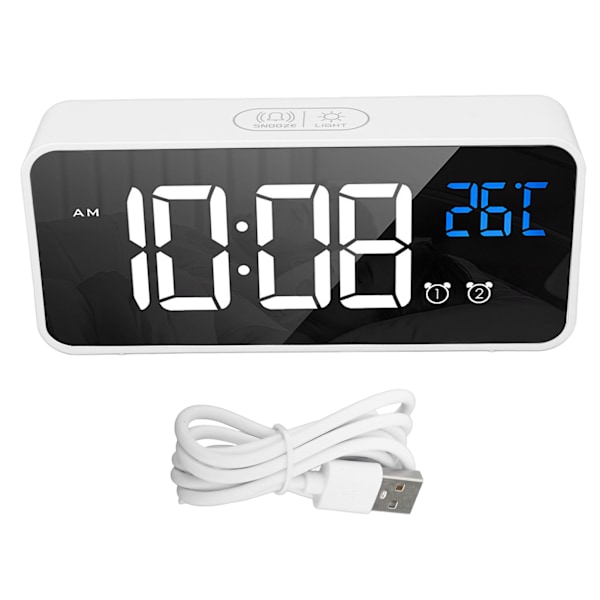 Mirror LED Alarm Clock Two Sets of Alarm Rechargeable Voice Activated Digital Clock for Bedrooms Bedside Desk White