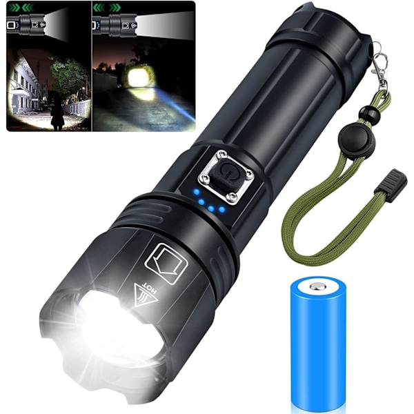 Erittäin kirkas taskulamppu 5 tilaa, USB-C-ladattava, zoomautuva XHP70.2 LED-taskulamppu, paristokäyttöinen