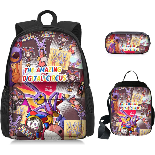 3-piece set Digital Circus Backpacks Men's and Women's Lightweight Schoolbags, Meal Bags, Pen Bags, Amazing Digital Circus Anime Backpacks