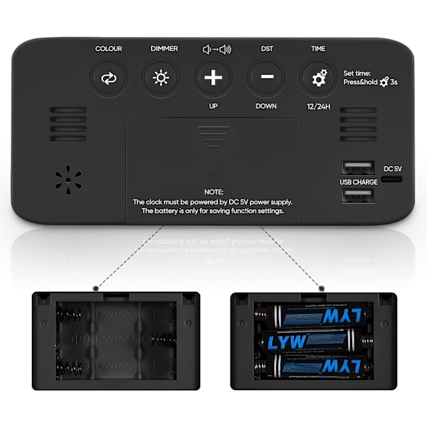 Superhög Väckarklocka för Tunga Sovare, Digital Klocka med 7-Färgs Nattlampa, Justerbar Volym, Dimmer, USB-Laddare, Små Klockor för Sovrum