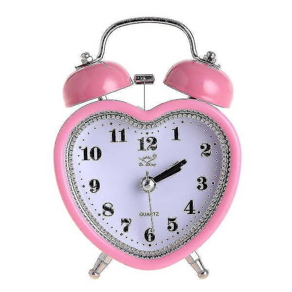 Hjärtformad Tyst Dubbel Väckarklocka med Nattlampa - Rosa (H-3)