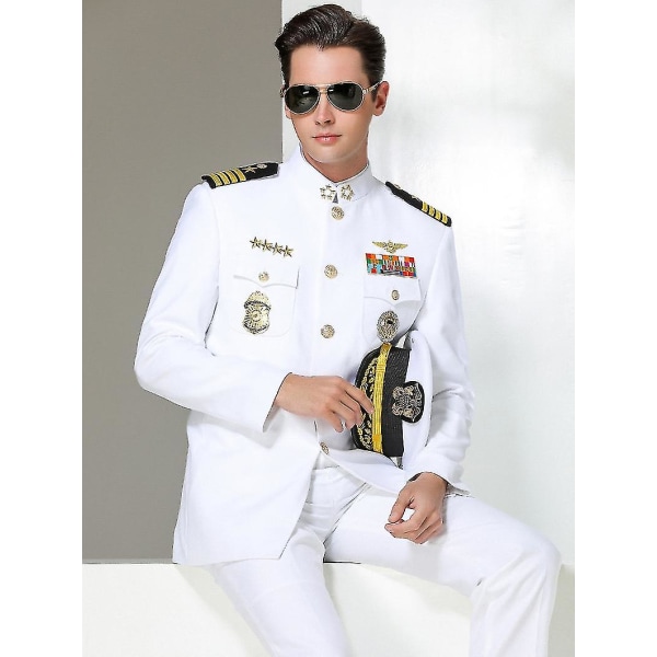 Amerika White Sailor Uniform Set Män Bröllop Årsmöte Kväll Hatt Kappa Byxor och tillbehör Navy Guard Säkerhet Arbetskläder