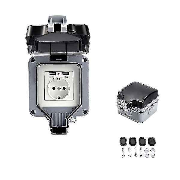 Ulkokäyttöön Tarkoitettu Kaksoispistorasia USB:llä, Vedenpitävä, Kestävä, Pistorasia Seinäkotelolla (yksinkertainen)
