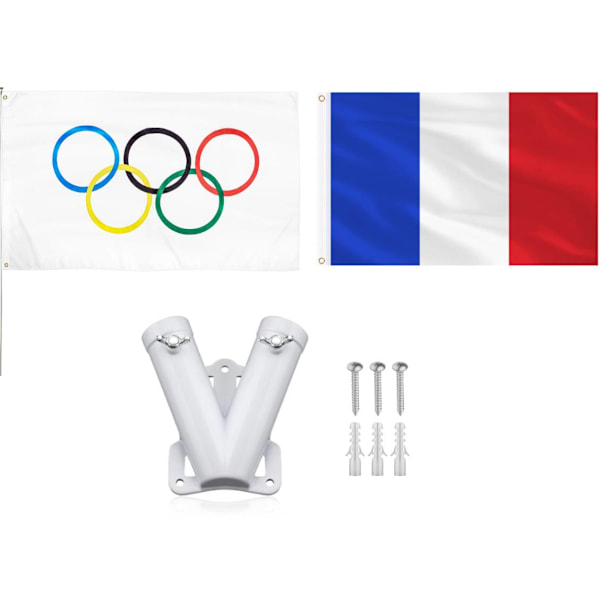 Olympic Flag + French Flag + Double Flagpole Bracket, Sturdy Aluminum Alloy V-Shape Wall Mounted Flag Bracket, Windproof Flag Holder